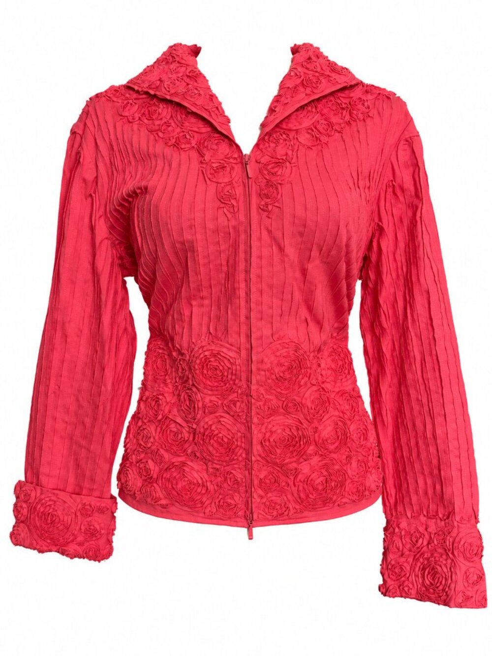 SAMUEL DONG Coral Pink 3D Rosette Zip Front Jacket Size L